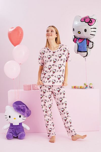 Siyah İnci Hello Kitty Licensed 100% βαμβακερό ροζ πολύχρωμο σετ πιτζάμες με λαιμόκοψη