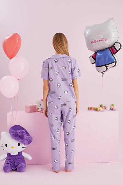Siyah İnci Hello Kitty Lisanslı %100 Pamuk Lila Çok Renkli Düğmeli Pijama Takım