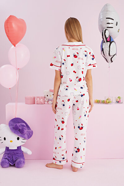 Siyah İnci Hello Kitty Lisanslı %100 Pamuk Beyaz Çok Renkli Düğmeli Biyeli Pijama Takım