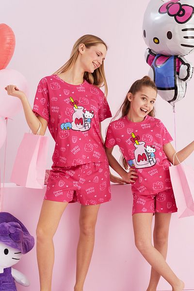 Siyah İnci Set de pijamale cu licență Hello Kitty, 100% bumbac, roz, multicolor, cu decolteu rotund