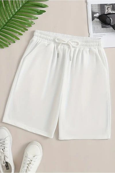 MODAGEN Pantaloni scurti de damă, albi, cu talie elastică, din bumbac pieptănat