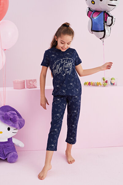 Siyah İnci Hello Kitty Lisanslı %100 Pamuk Lacivert Çok Renkli Bisklet Yaka Pijama Takım