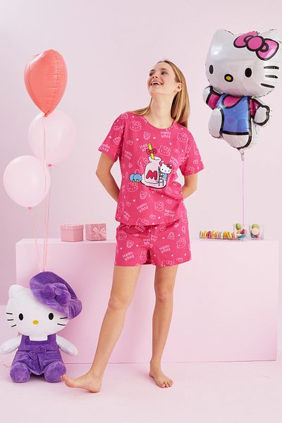 Siyah İnci Set de pijamale cu licență Hello Kitty, 100% bumbac, roz, multicolor, cu decolteu rotund