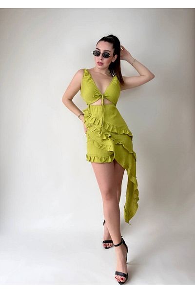 Yenicici MiMi FashionTR Ασύμμετρο Μίνι Λινό Φόρεμα με Λεπτομέρεια βολάν