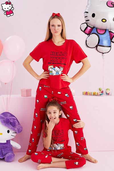 Siyah İnci مرخص من Hello Kitty - طقم بيجامة بياقة دائرية 100% قطن أحمر اللون