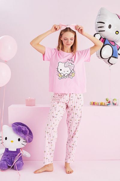 Siyah İnci Hello Kitty Licensed 100% βαμβακερό ροζ πολύχρωμο σετ πιτζάμες με λαιμόκοψη
