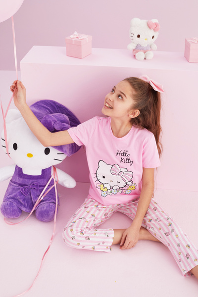 Siyah İnci Hello Kitty Licensed 100% βαμβακερό ροζ πολύχρωμο σετ πιτζάμες με λαιμόκοψη