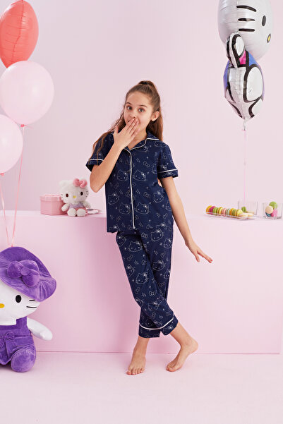 Siyah İnci Hello Kitty Licensed 100% Cotton Navy Blue Multicolor Buttoned Piped Pajama Set