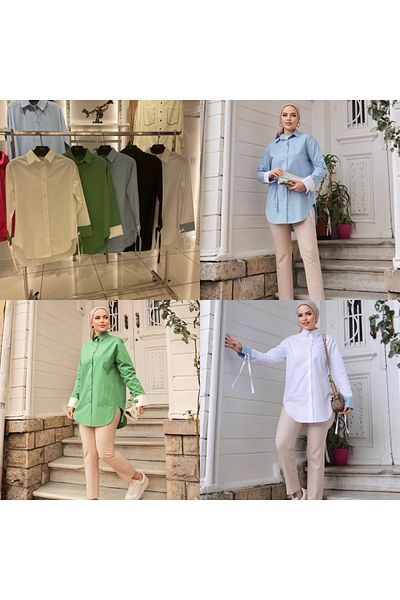 SMN Karen Kardaş Boutique Hijab Poplin Cuff Detailed Shirt White Green