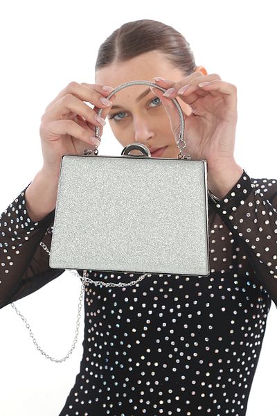 womenacs Ασημί Χρώμα Glitter Μοντέλο Glamourous βραδινό φόρεμα Portfolio Clutch Γυναικεία τσάντα Νέα σεζόν