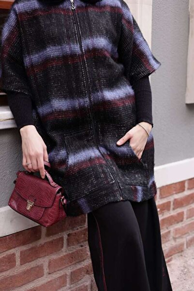 ESRA KEKÜLLÜOĞLU Kadın Yeni Panço 2 li Takım Ekoseli Lila Kırmızı-Siyah