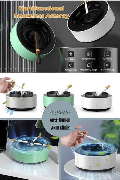 BEYZANA Scrumieră inteligentă anti-fum Filtru de aer Scrumieră pentru interior, mediu, acasă, birou, mașină, scrumieră (+1 filtru, miros)