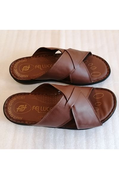 Butik Tülin Unisex Genuine Leather Brown Flexible Slippers - Thick Cross Banded and Soft Stitched