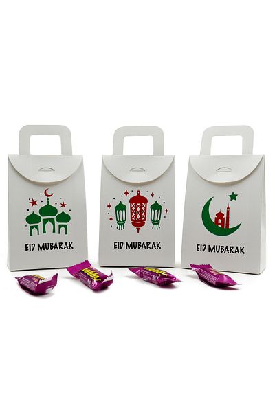 reprodesign 10 x 15 εκ. Λευκό 3 τεμάχια Eid Mubarak τυπωμένο κενό μαντήλι, καραμέλα, μικρότερο, κουτί δώρου,