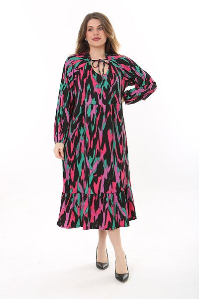 Şans Women's Plus Size Color V-neck Wrap Fabric Long Sleeve Layered Dress 65N37621
