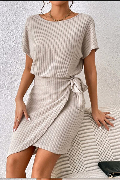 missamour Women's Summer Beige Side Tie Thick Ribbed Dress