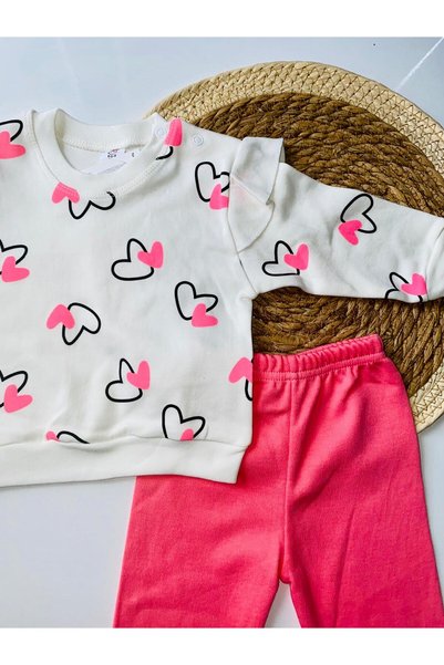 GÜNEŞ KİDS Baby Girl Shoulders Ruffled, Heart Printed Bottom Top Double Set