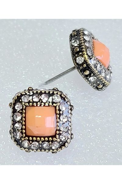 impressive Zircon Stone Framed Orange Crystal Stone Square Design Modern Simple Elegant Evening Dress EarringsAntique Silver