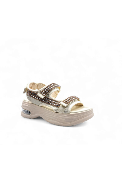 Guja Wedge Sole Stoned Velcro Beige Color Stylish Sports Women's Sandals