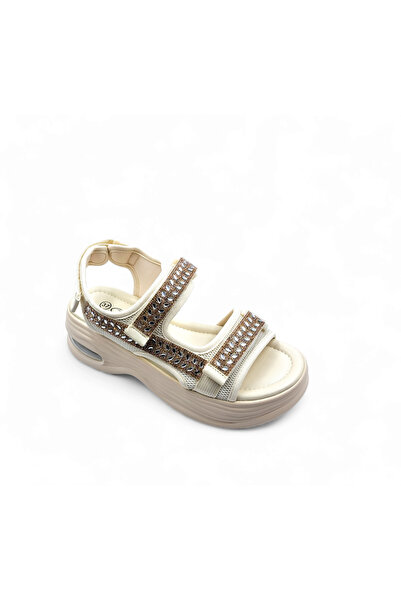 Guja Wedge Sole Stoned Velcro Beige Color Stylish Sports Women's Sandals