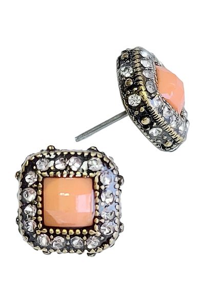 impressive Zircon Stone Framed Orange Crystal Stone Square Design Modern Simple Elegant Evening Dress EarringsAntique Silver