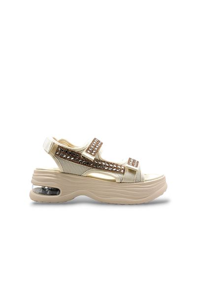 Guja Wedge Sole Stoned Velcro Beige Color Stylish Sports Women's Sandals