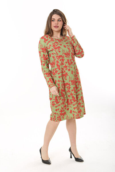Şans Women's Plus Size Green Organic Cotton Fabric Cup Detail Long Sleeve Dress 65N37626