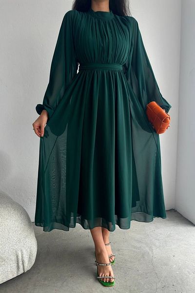 vuvutasarım Flared Cut Lined Chiffon Fabric Stand Collar Long Sleeve Midi Length Emerald Green Chiffon Dress 078