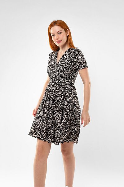 Bak Moda Mini rochie bej cu guler dublu cu imprimeu leopard negru