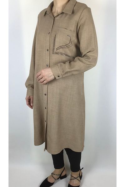 ECE GİYİM Linen Ayrobin Tunic Shirt with Stone Detail and Buttons