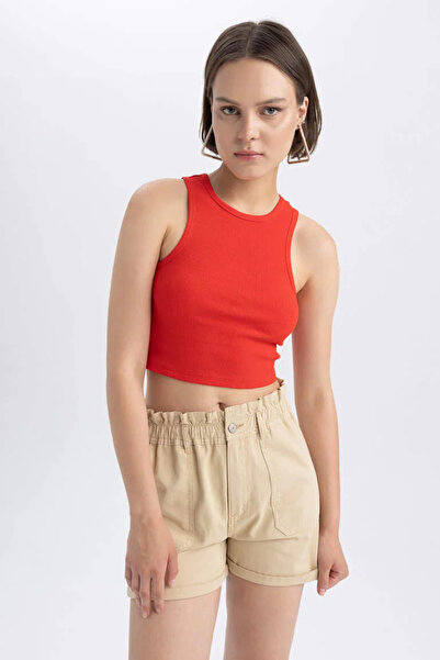 Bled Halter Collar Ribbed Crop Tank Top - Bustier Red