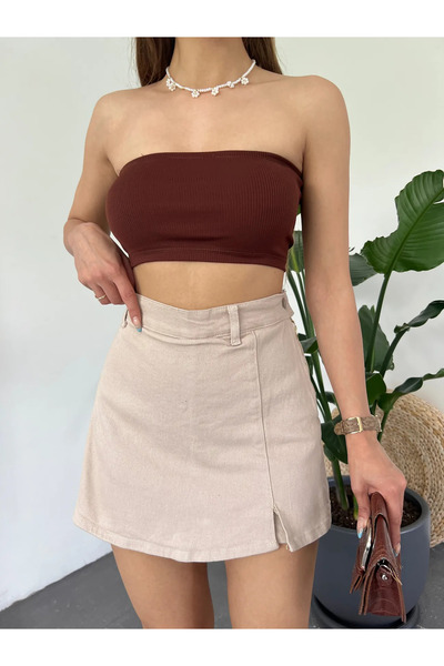 Fav Style Kadın Denim Arkası Çift Cepli Mini Şort Etek Bej