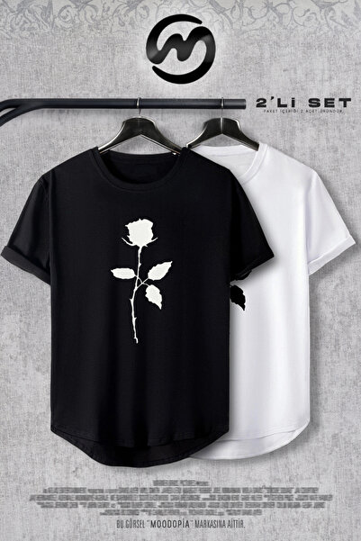 Moodopia طقم تيشيرت بتصميم بيضاوي باللونين الأبيض والأسود مكون من قطعتين