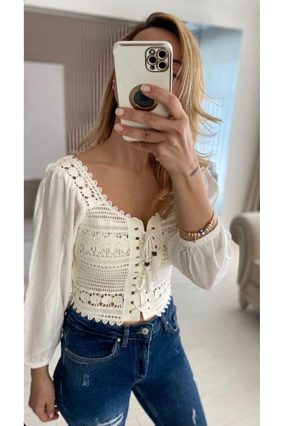 MADAME MELEK Διάτρητο πλεκτό Crop μανίκια Flounced Crop μπλούζα