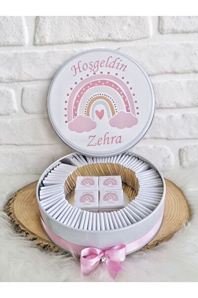BUGİTO 50 Adet Pembe Gökkuşağı Temalı İsme Özel Hoşgeldin Kız Bebek Doğum Gün...