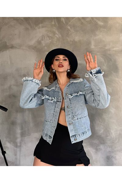 Fav Style Blugi de damă albaștri cu închidere cu nasturi, buzunare duble, cu detaliu cu ciucuri