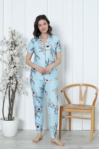 Wordex Set de pijamale pentru femei Mr 2058, cu mânecă scurtă, cu nasturi, cu flori