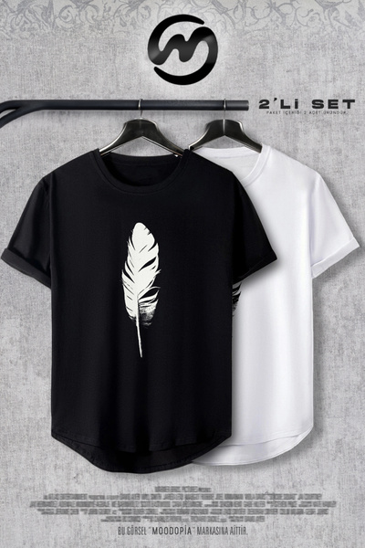 Moodopia تيشيرت بتصميم ريش بيضاوي باللونين الأبيض والأسود للجنسين، مجموعة من قطعتين