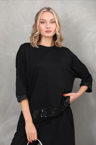 Butik Ayseba Women's Black Sequin Sequin Detailed Shalwar Trousers Tunic Set