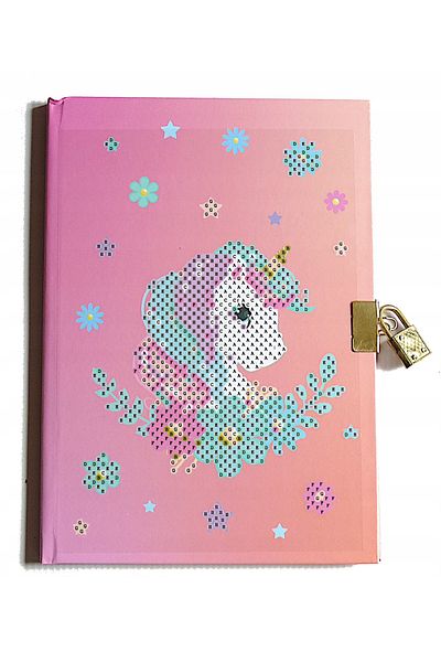 QUEEN AKSESUAR Unicorn Patterned Imported Luxury Diamond - Decorated Commemorative Notebook with Lock and Key for Daily Use
