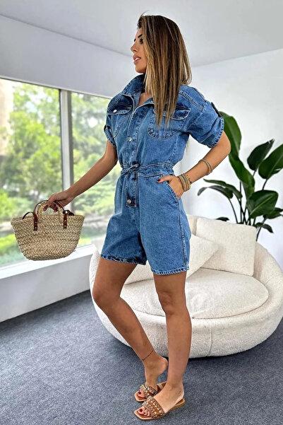 fehika Kadın Mavi Kısa Kol Cepli Kuşaklı Gömlek Yaka Kısa Kot Şort Tulum Salopet Jile Elbise
