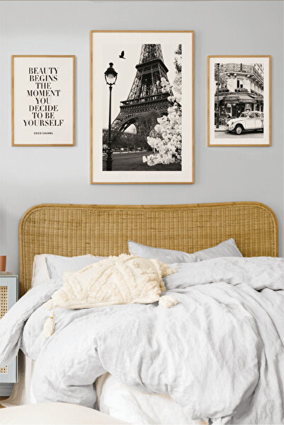 no77decor 3 Parça Eyfel Kulesi Temalı Ahşap Çerçeve Görünümlü Tablo Seti