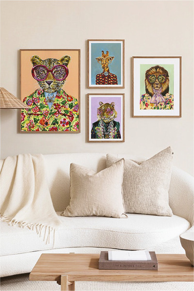 no77decor Modern Hayvan Temalı Ahşap Çerçeve Görünümlü Tablo Seti
