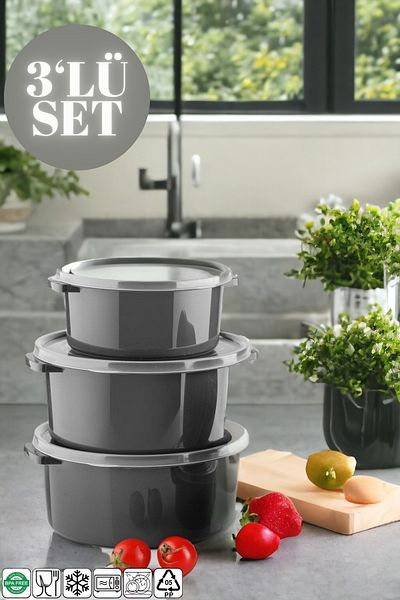 NY HOME Set of 3 Anthracite Round Storage Containers for Microwave and Freezer