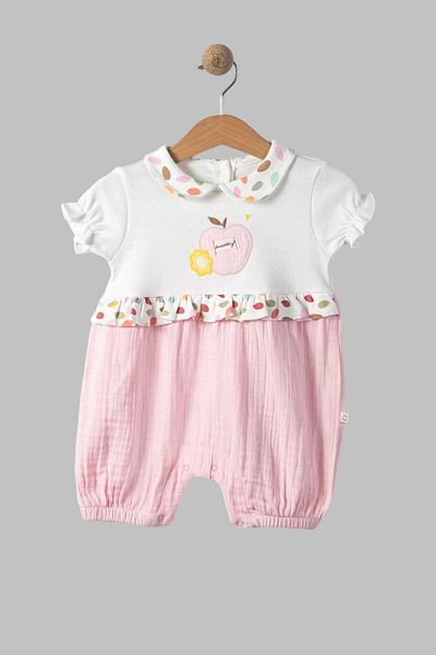 dinamik çocuk Organic Cotton Baby Collar Apple Embroidered Six Muslin Short Sleeve Baby Girl Jumpsuit 0-3/3-6/6-9/9-12 months old