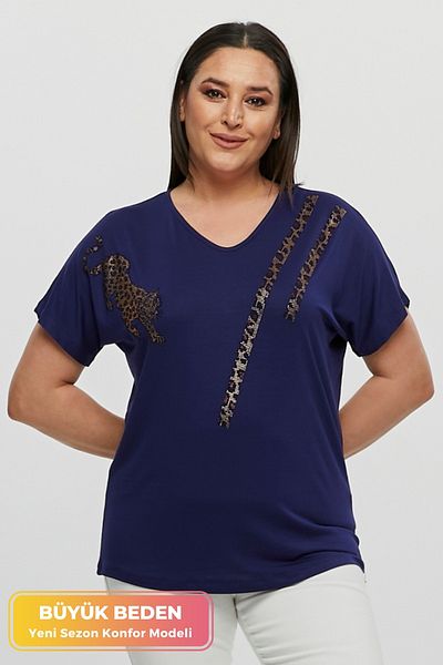 tarzımsüper Plus Size New Season Comfortable Comfort Model Stripe Sequin Pattern Short Sleeve V-Neck Combed Cotton Tunic T-Shirt