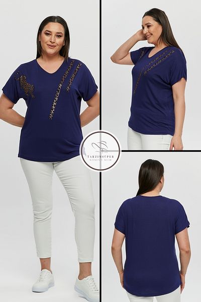 tarzımsüper Plus Size New Season Comfortable Comfort Model Stripe Sequin Pattern Short Sleeve V-Neck Combed Cotton Tunic T-Shirt