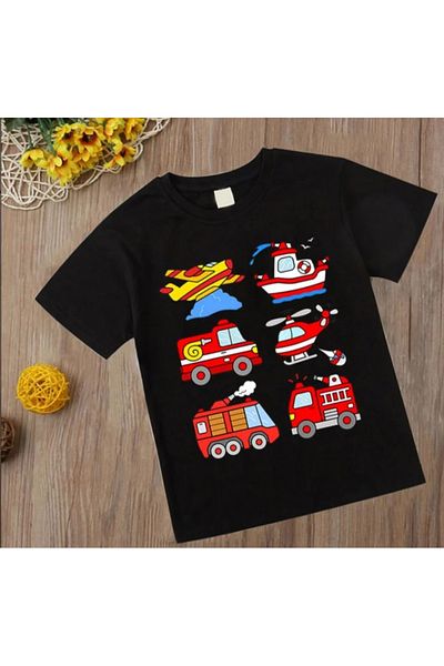 MAGORS Tricou negru pentru copii, cu mânecă scurtă, din bumbac, cu imprimeu pentru camion, clapetă, autobuz