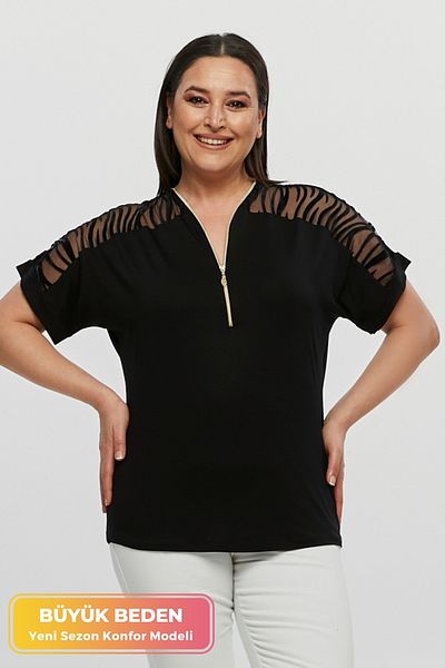 tarzımsüper Plus Size New Season Sleeve Transparent Zip Comfort Model Short Sleeve Combed Cotton Tunic T-Shirt