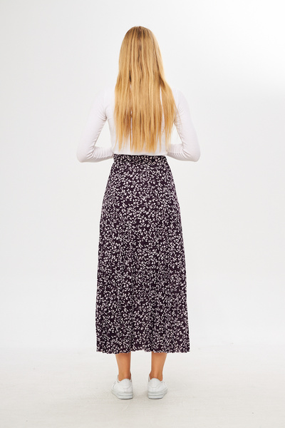 Rudaconcept Fustă lungă plisată cu model de flori mov crocant, fustă de vară cu modele florale, fustă creponată, fustă hijab